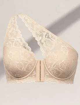 Sujetador de encaje asimétrico de un solo hombro talla grande, encaje floral cómodo y transpirable, cierre frontal de múltiples filas de ganchos y - Shein - FashionsVida