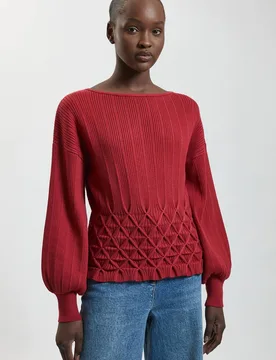 Women's Ribbed Knit Long Sleeve Top With Manipulated Stitch Detail in Red Size: Medium - Red - Size: M - Karen millen - FashionsVida