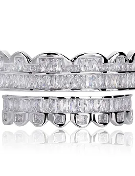 Iced Out Grillz Teeth Jewelry Silver Tone CZ Diamond Double Row Hip Hop Mouth Grillz Rapper Style Streetwear Fashion Accessories - Aliexpress - FashionsVida