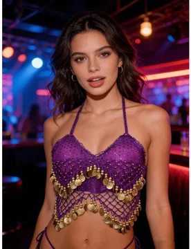Top corto con flecos de cuentas y lentejuelas con lazo, disfraz de estilo bohemio para danza del vientre para actuaciones oro negro - Shein - FashionsVida