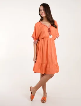 Tassel Detail V Neck Dress - S / CORAL - female - Blue Vanilla - FashionsVida
