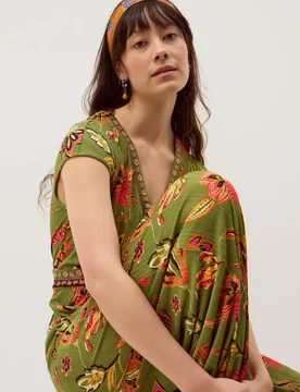 Jersey Floral Short Sleeve Wide Leg Jumpsuit Green Mix female - Monsoon - FashionsVida