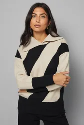 Womens Stripe Split Neck Jumper - Beige - Size X-Large
