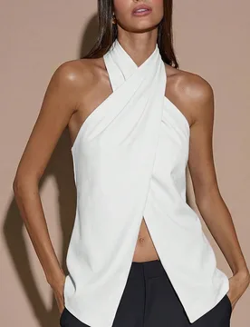 Blusa elegante de color café sólido con cuello halter y espalda descubierta, top elegante, estilo cruzado envolvente para otoño/invierno XXS - Shein - FashionsVida