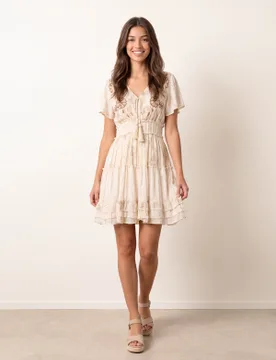 Embellished Tiered Mini Dress - S/M / BEIGE - female - Blue Vanilla - FashionsVida