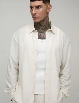 Mens Tall Oversized Long Sleeve Linen Blend Shirt - Natural Cotton - Size X-Large - boohooMAN - FashionsVida