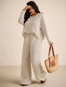 Conjunto de dos piezas de top de manga larga blanco y pantalones de talla grande, casual, suave, elegante, para vacaciones, ropa para mujer, otoño, D - Shein - FashionsVida