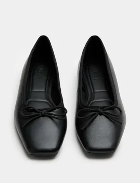 Leather Bow Square Toe Flat Ballet Pumps Black female - M&S - FashionsVida