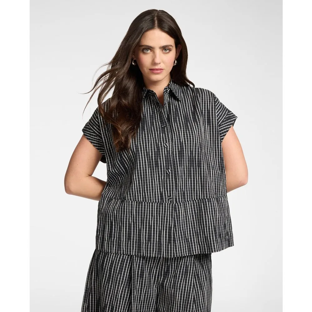 Camisa de mujer de algodón teñido en hilo ajuste boxy con cierre de botones - Elena Miró - FashionsVida