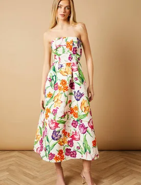 Women's Occasion Floral Twill Strapless Midi Dress Size: 6 - Multicolor - Size: 6 - OASIS - FashionsVida