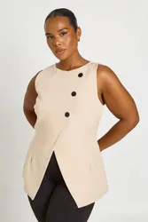 Womens Plus High Wrap Contrast Button Waistcoat - Beige - Size 22 Uk