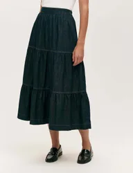 Denim Midi Tiered Skirt Indigo female