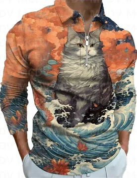 New Men's Long Sleeve Zipper Polo Shirt Cat Elk 3D Printed Polo Long Sleeve T Shirt Casual Tops - Aliexpress - FashionsVida
