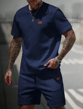 Conjunto de camiseta de cuello en V acanalada + pantalones cortos con cordón para hombre, conjunto de chándal de verano azul de dos piezas para homb - Shein - FashionsVida