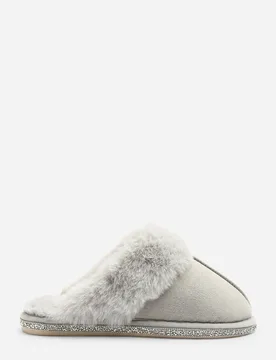 Wheres Womens dovina Diamante Trim Detail Faux Fur Mule Slippers - Grey - Size Uk 7 - Where's That From - FashionsVida