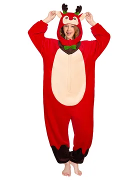 Red Reindeer Pajamas Unisex Plush Deer Animals Onesie For Adult Warm Home One-Piece Sleepwear Christmas Costume - S - OLAOLA - FashionsVida