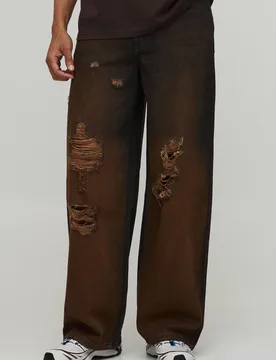 Mens Tinted Ripped Baggy Fit Jeans - Blue Cotton - Size 28 Regular - boohooMAN - FashionsVida