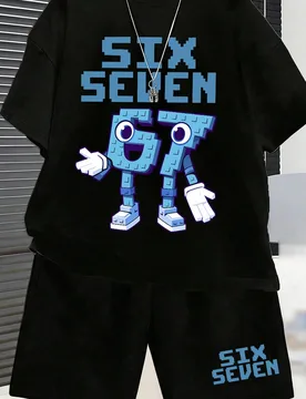 Set de 2 piezas con camiseta de cuello redondo con estampado del número "67" divertido + pantalones cortos para niños adolescentes, nuevo conjunto c - Shein - FashionsVida