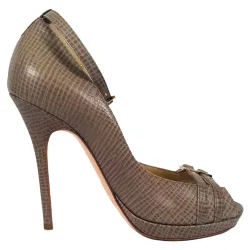 Pre-Owned Womens Textured Peep-Toe Ankle Strap Pumps In Brown Leather - Mocha - Size Eu 38