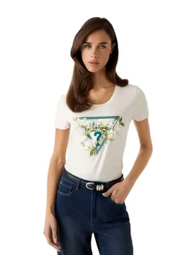 T-shirt à Manches Courtes Camelia Triangle Cream White L - Guess - FashionsVida
