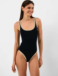 Glitter Trim Scoop Neck Swimsuit Black female