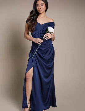 Women's Petite Satin Bardot Bridesmaid Maxi Dress with Waist Ruching Detail in Navy Size: 4 - Navy - Size: 4 - Coast - FashionsVida