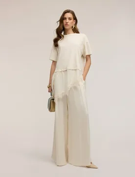 Pantalones de mujer palazzo en raso de viscosa cierre con banda elástica en la cintura trasera - Motivi - FashionsVida