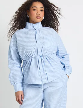 Womens Plus Stripe Funnel Neck Cinched Jacket - Pale Blue Cotton - Size 16 Uk - Boohoo - FashionsVida
