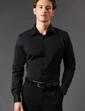 Men's Black Slim Fit Long Sleeve Easy Iron Shirt Size: 15 in - Black - Size: 15 in - Burton - FashionsVida