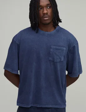 Mens Tall Essential Washed Oversized Boxy Front Pocket T-Shirt - Navy Cotton - Size Medium - boohooMAN - FashionsVida