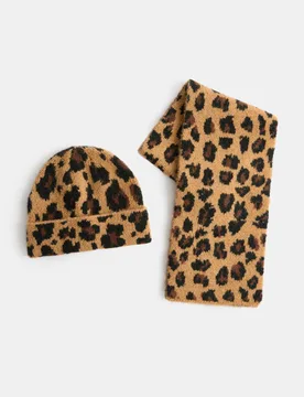 Pack Leopard Print Hat & Scarf Set Brown Mix Female - M&S - FashionsVida