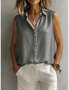 Camisa sin mangas con cuello elegante y versátil para mujer, suelta y casual, camisola semitransparente de color liso con botones delanteros, ideal p - Shein - FashionsVida