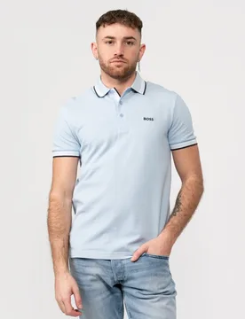 Paddy Mens Organic Cotton Polo With Contrast Logo Details - Light Blue - Size Small - BOSS Green - FashionsVida