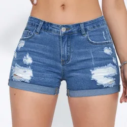 Shorts en mezclilla desgarro bajo de doblez XXS
