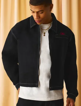 Herren Kontrastnaht Bestickte Boxy Harrington-Jacke Black Größe Large - boohooMAN - FashionsVida