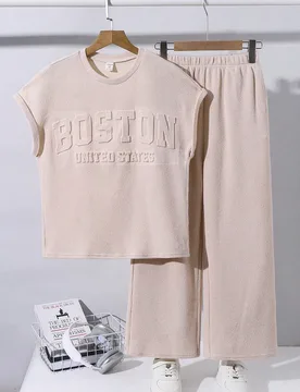 Conjunto informal de estilo coreano para niño preadolescente con top de tirantes versátil con patrón en relieve color albaricoque y pantalones de c - Shein - FashionsVida