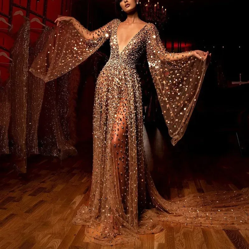 New long-sleeved deep-length see-through gold dress - Aliexpress - FashionsVida