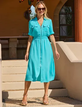 Shirred Waist Zip Front Midi Shirt Dress Blue female - Sosandar - FashionsVida