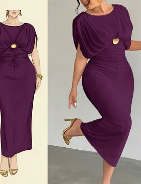 Vestido cómodo, casual y elegante para vacaciones, fiestas y playa con plisado, malla y hebilla metálica elástica para mujeres de talla grande, pri - Shein - FashionsVida