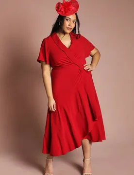 Women's Plus Shawl Collar Ruffle Hem Midi Dress With Fluted Sleeve in Berry Size: 22 - Berry - Size: 22 - Coast - FashionsVida