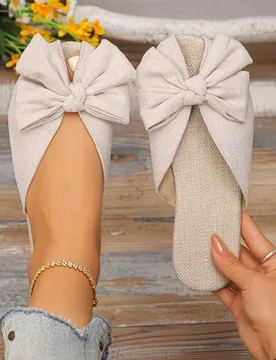 Talla Pequeña] 1 par de sandalias planas sin cordones para mujer en color beige, con decoración de lazo grande 3D dulce, sandalias casuales con punt - Shein - FashionsVida