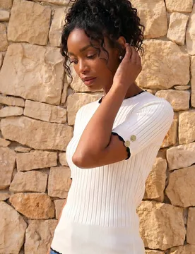Women's Button Detail Ribbed Knit Top in Ivory Size: 20 - Ivory - Size: 20 - Roman - FashionsVida