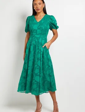 Women's Floral Jacquard Puff Sleeve Midi Dress in Bright Green Size: 14 - Bright Green - Size: 14 - Debenhams - FashionsVida