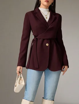 Blazer casual/de trabajo de manga larga con lazo lateral de unicolor para mujer, otoño, acogedor otoño e invierno S - Shein - FashionsVida