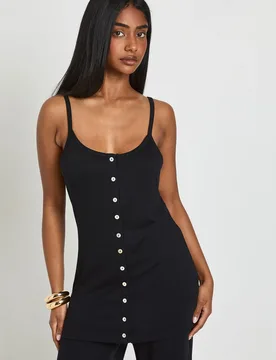 Womens Long Line Cami With Pearlised Buttons - Black Cotton - Size 14 Uk - Boohoo - FashionsVida