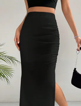 Falda unicolor de muslo con abertura fruncido S - Shein - FashionsVida