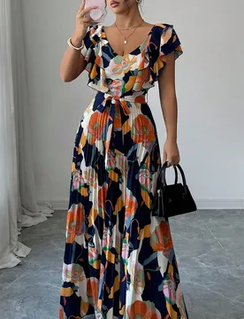 Vestido elegante y romántico para mujer con cuello en V, estampado digital, volantes en la cintura y corte evasé, estilo vacacional XL - Shein - FashionsVida