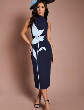 Women's Lisa Tan Placement Floral High Neck Midi Dress in Navy Size: 18 - Navy - Size: 18 - Coast - FashionsVida