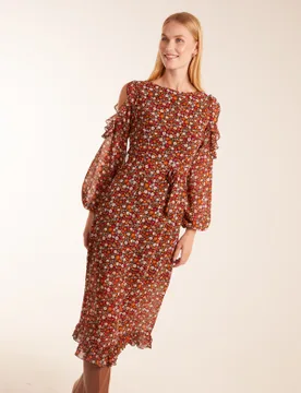 Cold Shoulder Frill Midi Dress - 10 / BROWN PATTERN - female - Blue Vanilla - FashionsVida