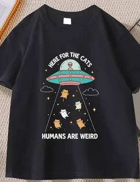 Funny Cat T-Shirt Here for The Cats Humans Are Weird Tshirt Vintage Cartoon Tee Alien UFO Cat Lover Graphic Unisex T Shirt - Aliexpress - FashionsVida